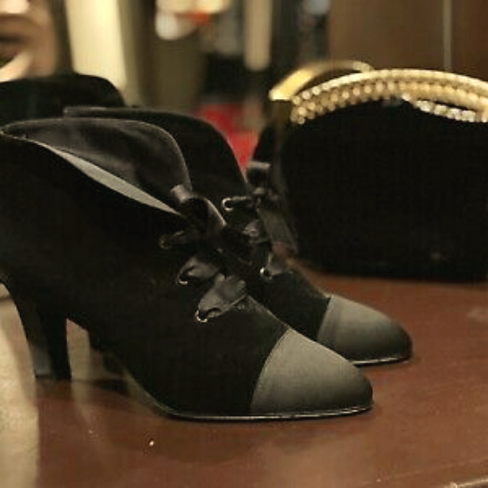 VINTAGE CHANEL Black Velvet and Silk Ankle Boots